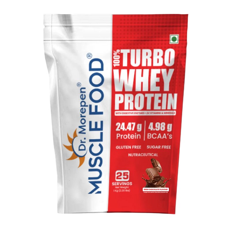 Dr. Morepen MuscleFood Turbo Whey Protein Irish Chocolate 1kg pack, front view