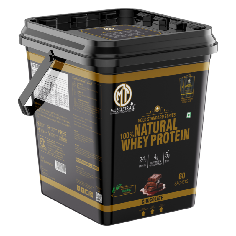 Muscle Trail Gold Standard Series 100% Natural Whey Protein chocolate flavor tub