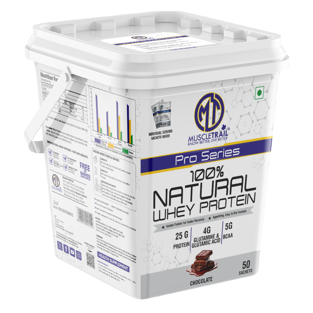 Muscle Trail Pro Series 100% Natural Whey Protein chocolate flavor tub