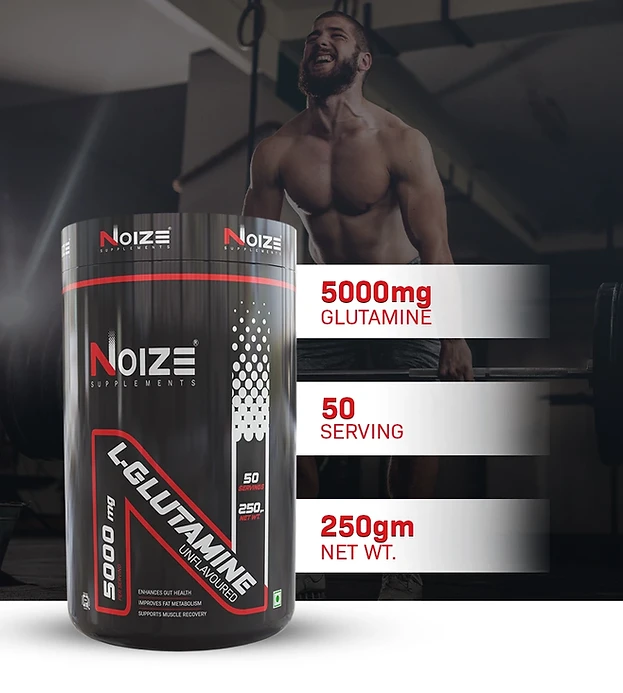 NOIZEFIT L-Glutamine 250g unflavoured supplement with 5000mg L-Glutamine per serving for muscle recovery and post-workout support.