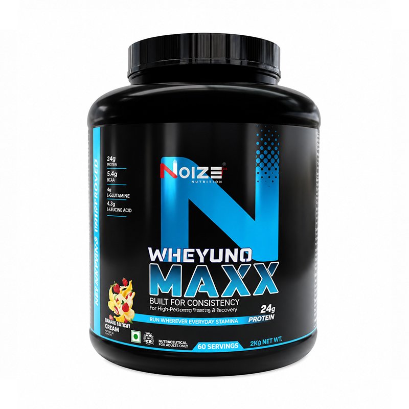 "Noize Nutrition WheyUno Maxx whey protein powder, 2kg, 24g protein per serving, Banana Cream flavor."