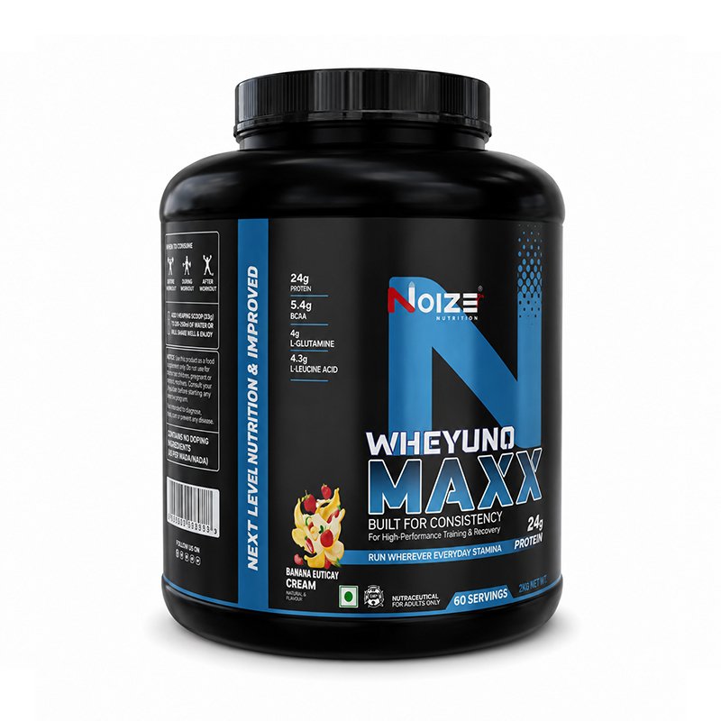 "Angled front view of Noize Nutrition WheyUno Maxx whey protein powder, 2kg, 24g protein per serving, Banana Cream flavor."
