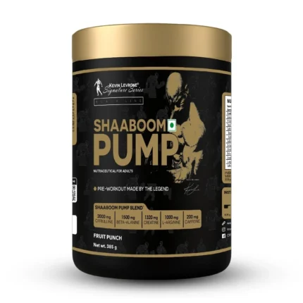 Front view of Kevin Levrone Shaaboom Pump Fruit Punch pre-workout supplement