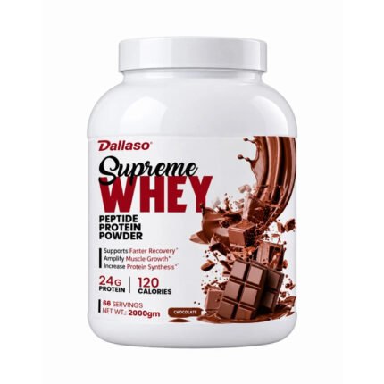 Dallaso Supreme Whey Protein chocolate flavor tub, front label
