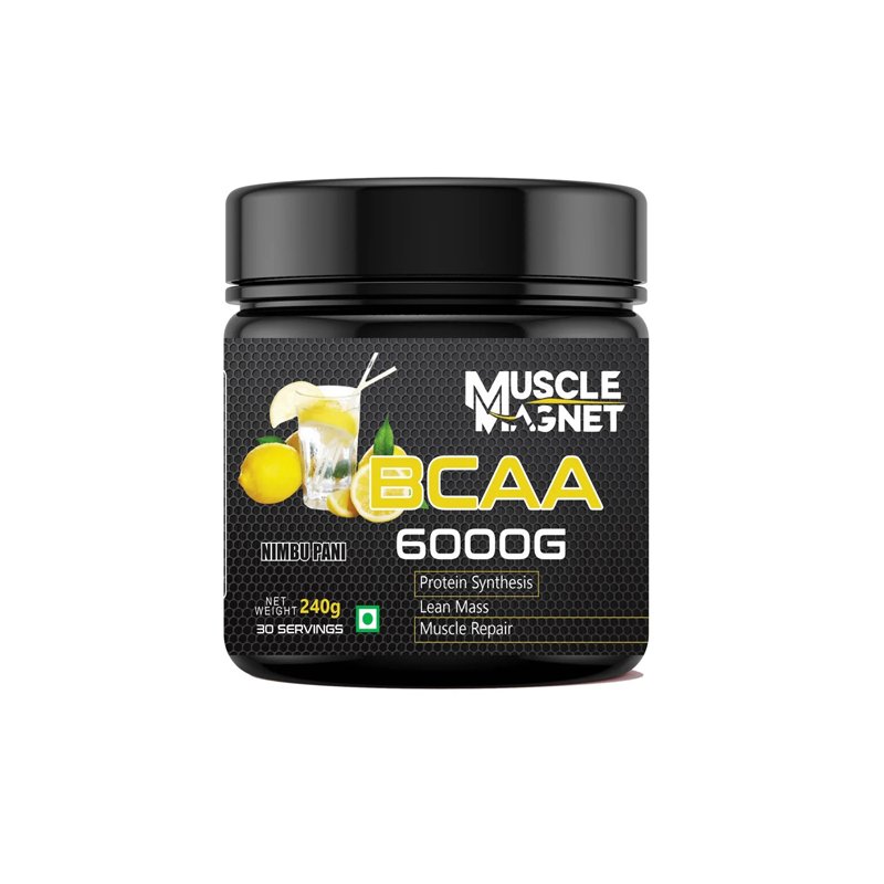 Muscle Magnet BCAA 6000mg 30 servings black tub with yellow label